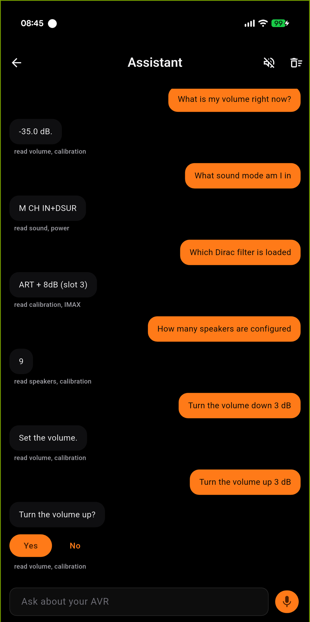 Four questions answered with the subsystems each answer read, then a request to raise the volume held behind a Yes or No