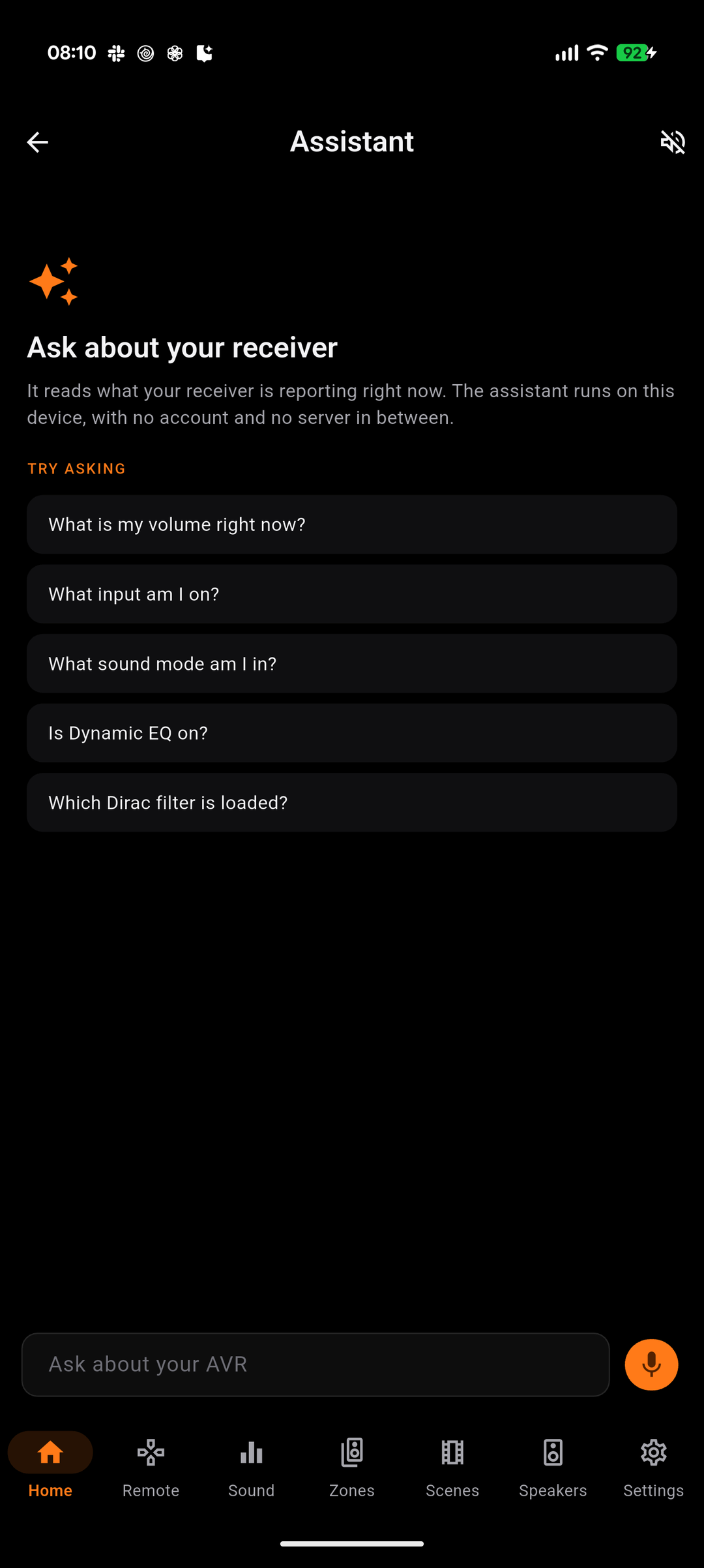 The assistant's opening screen with suggested questions and a microphone button