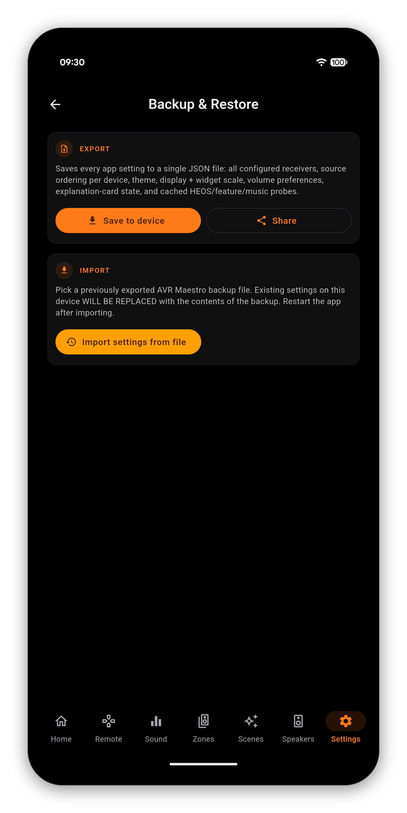 The Backup and Restore page with export and import