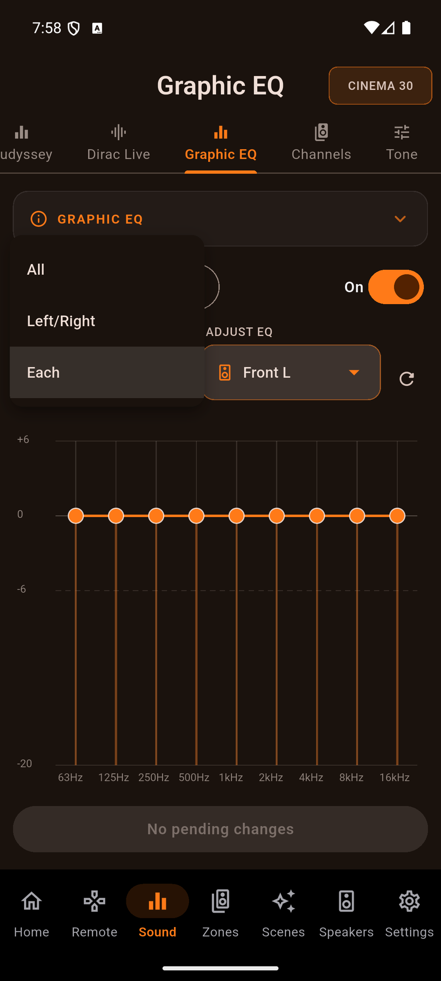 The Graphic EQ Speaker Selection dropdown - All, Left/Right or Each