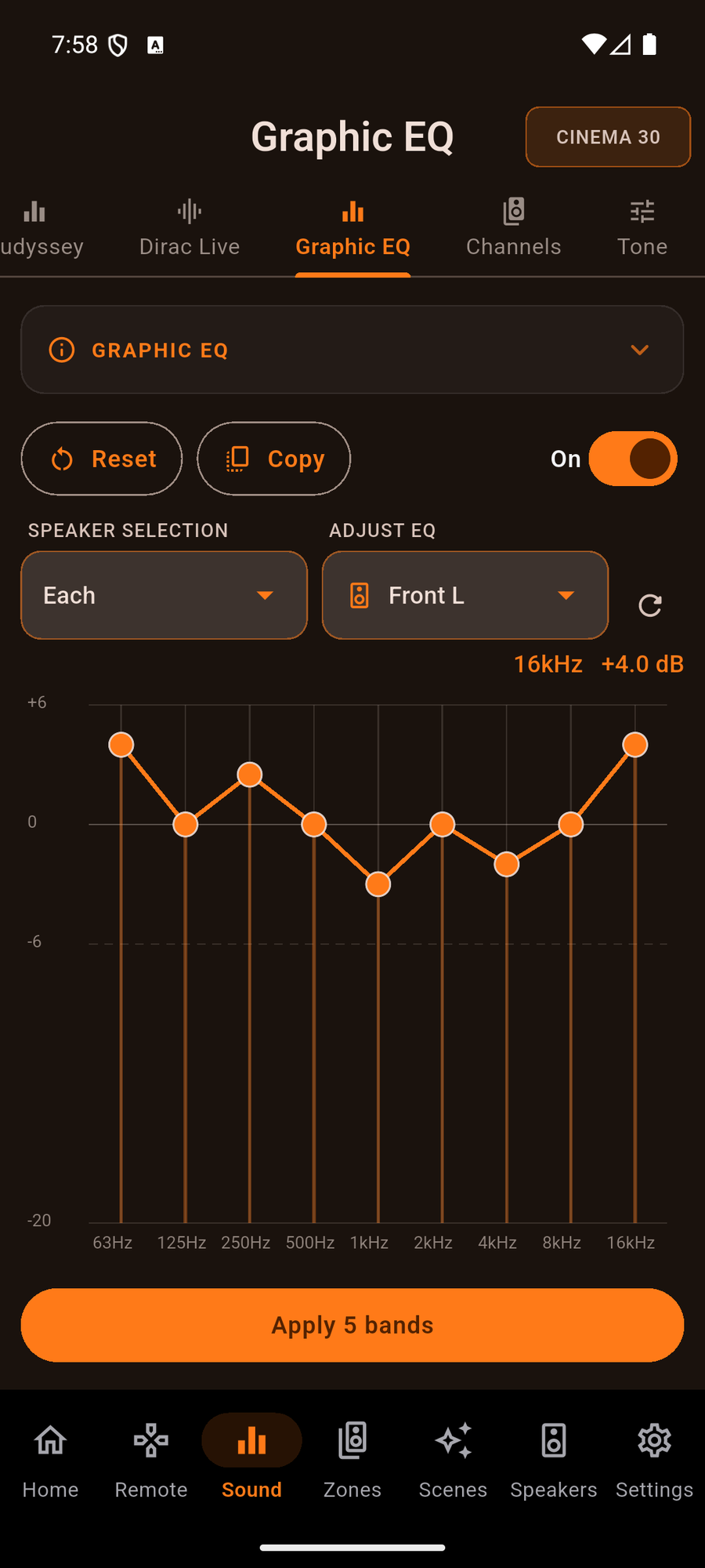 The AVR Maestro Graphic EQ editor with a custom 9-band curve