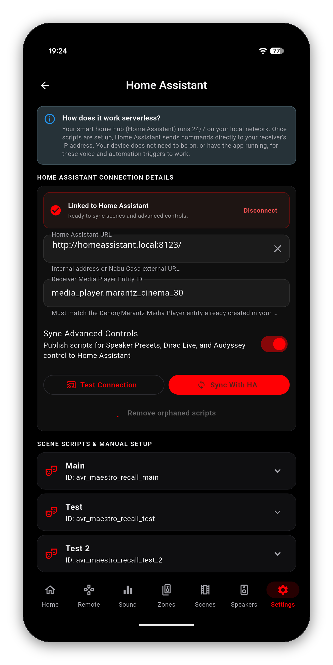 AVR Maestro's Home Assistant screen with Sync Advanced Controls turned on