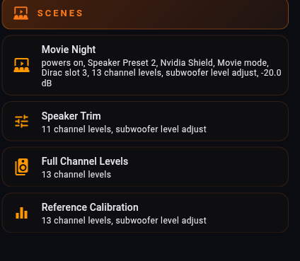 Four scene tiles, each listing the settings that scene restores