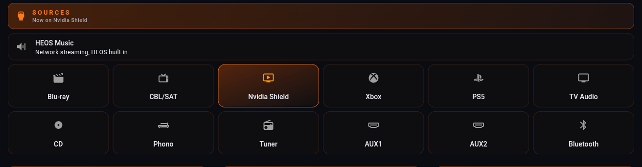The source grid with Nvidia Shield lit in orange and the other twelve inputs dark