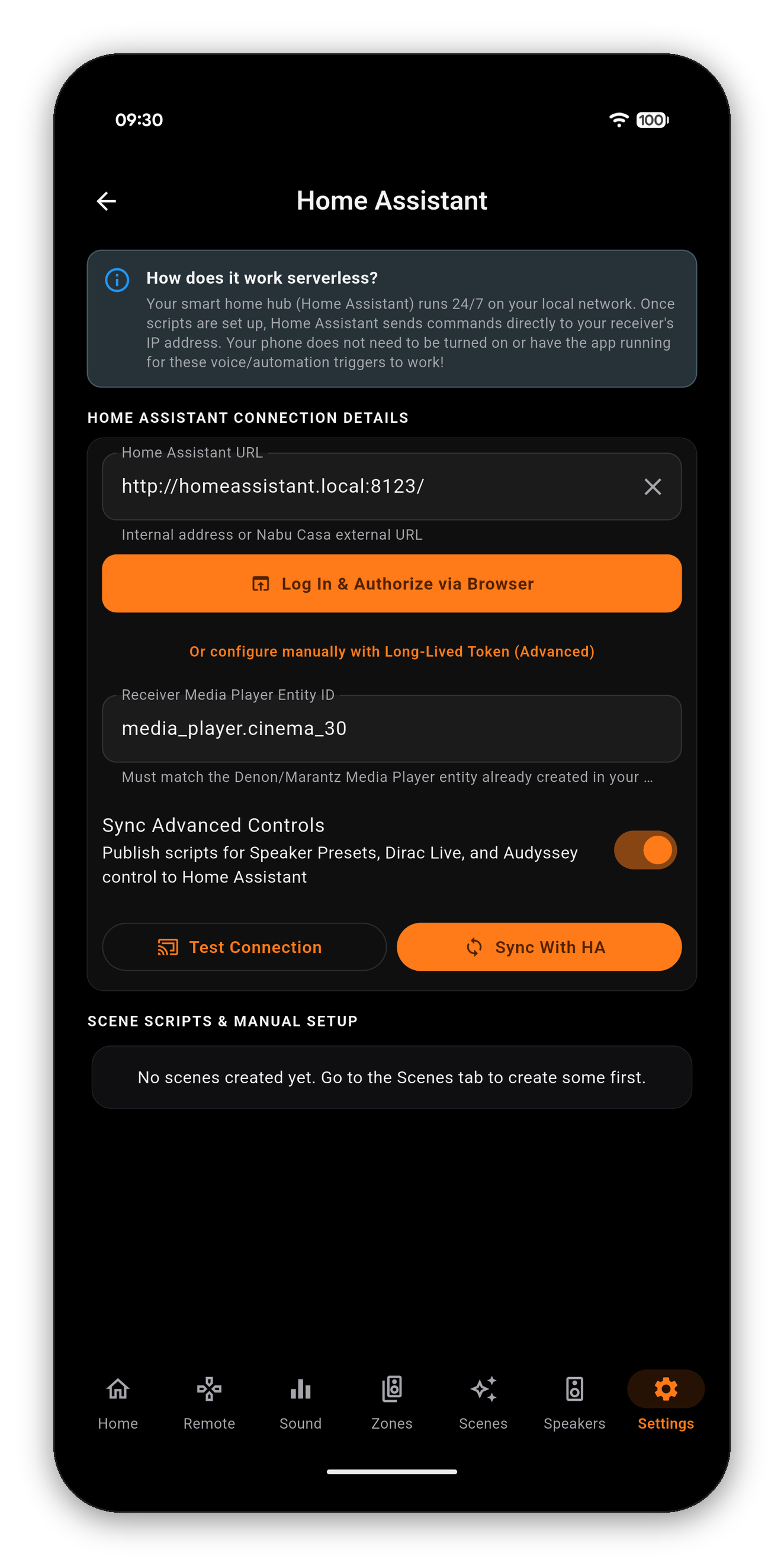 AVR Maestro linked to Home Assistant with the receiver entity auto-discovered
