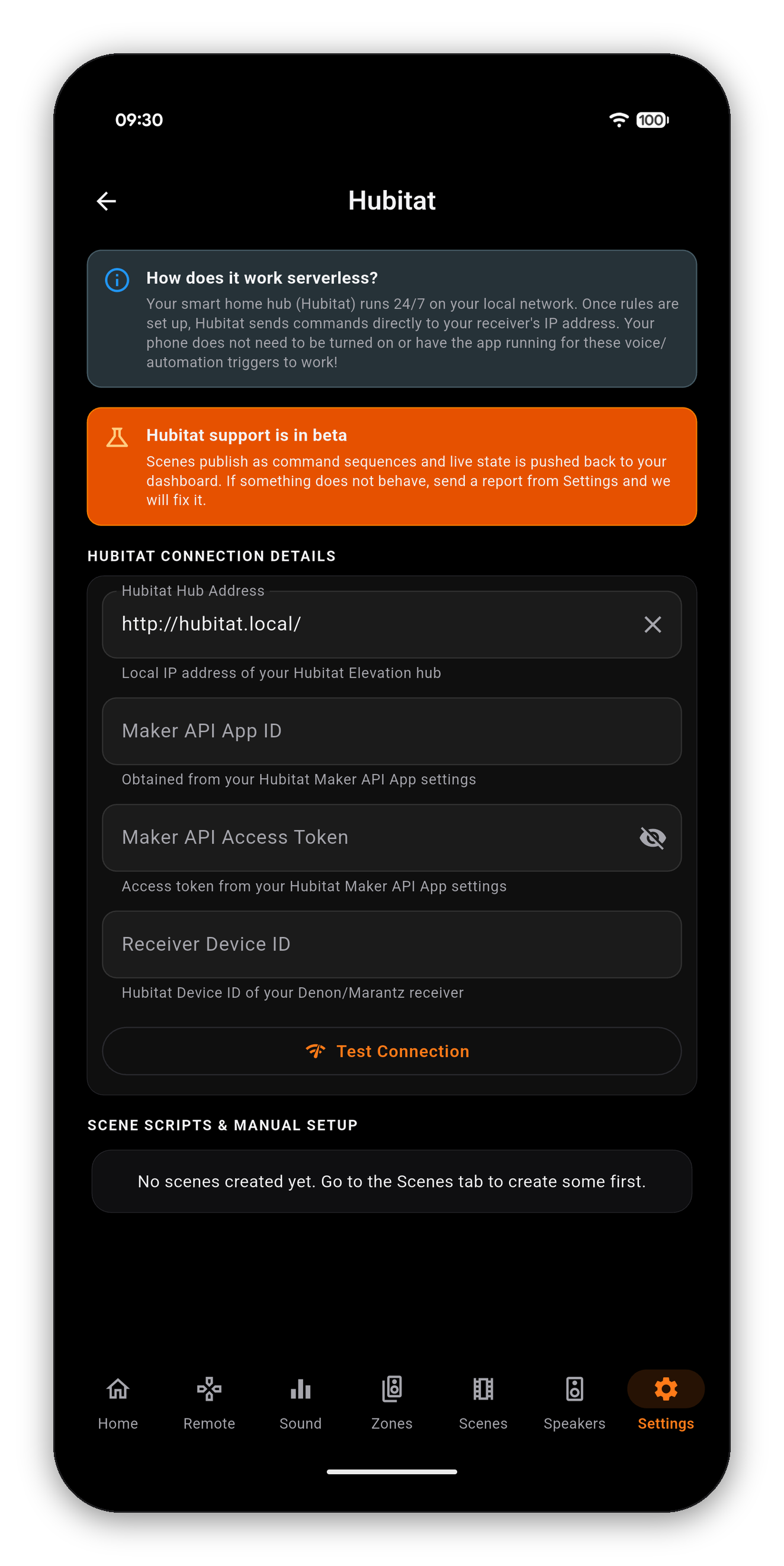 The Hubitat setup screen with hub IP, Maker API App ID and access token