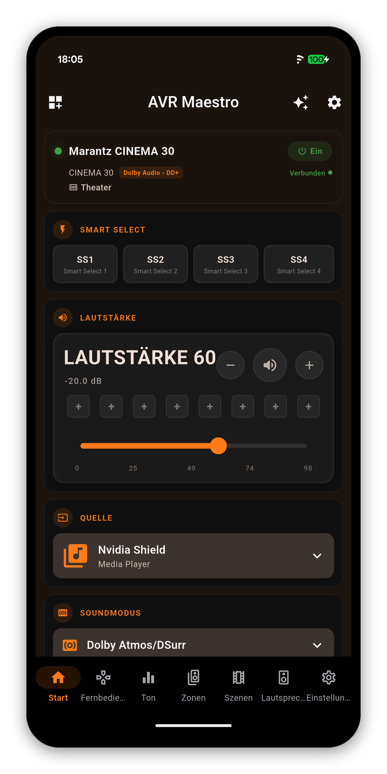 AVR Maestro Home dashboard in German, the same Marantz CINEMA 30 screen