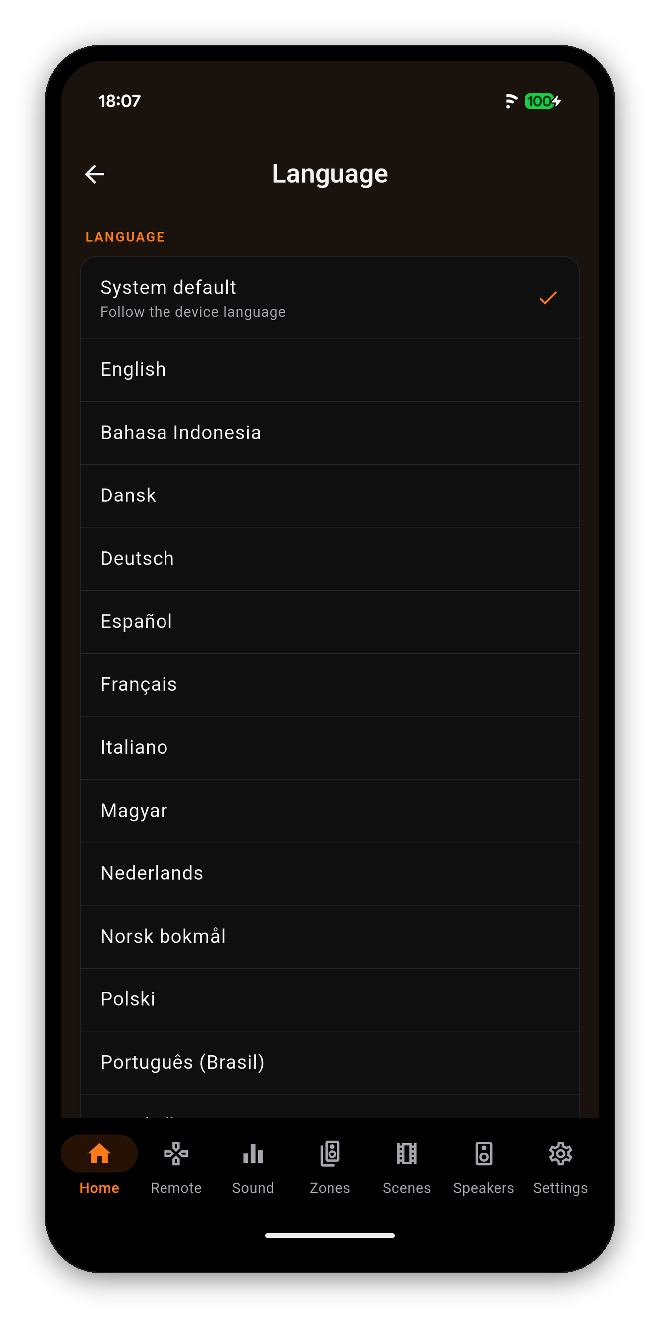 The Language list in Settings, every language under its own name with System default on top