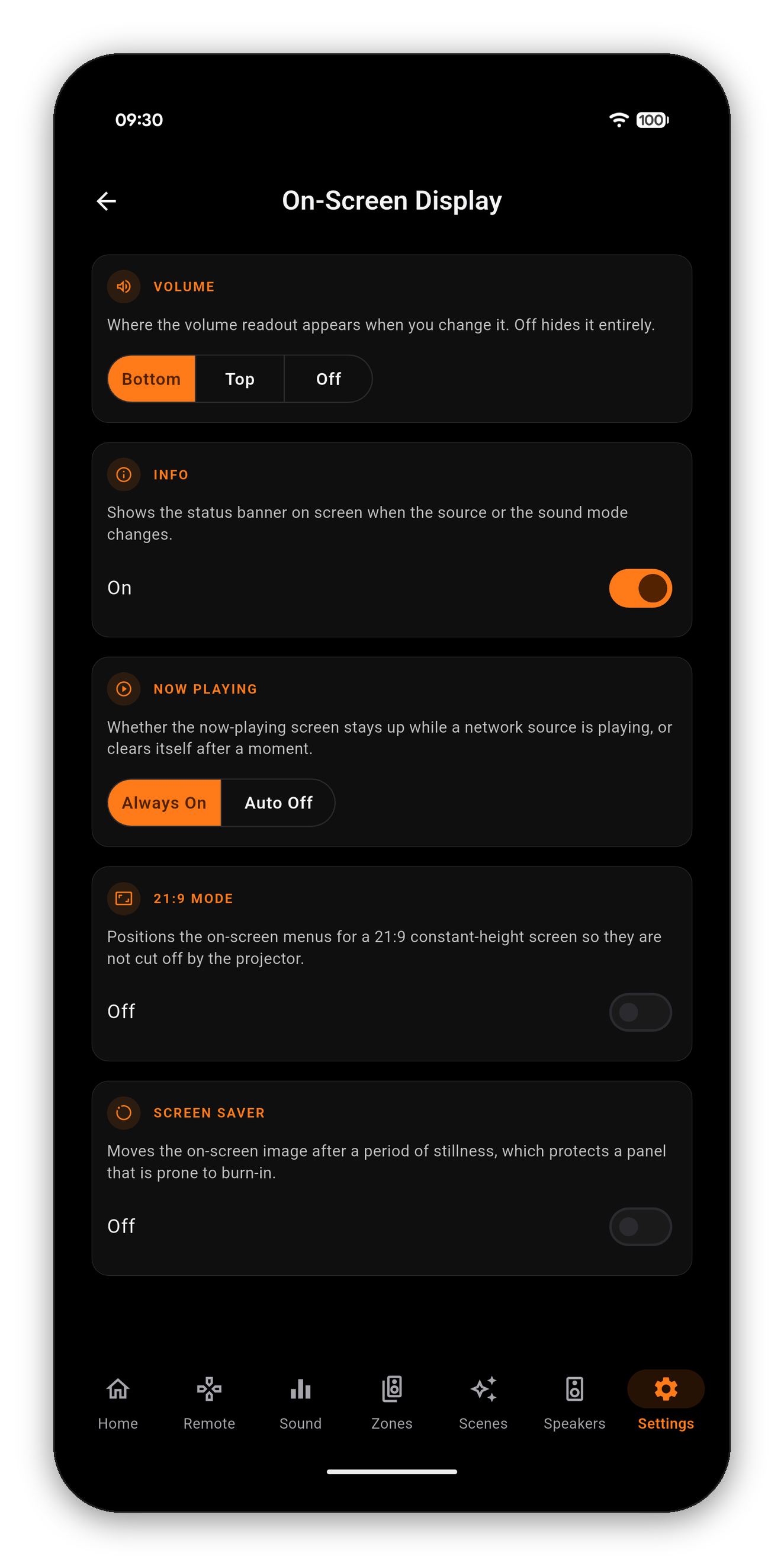 AVR Maestro on-screen display settings - volume readout, info banner, 21:9 and screen saver