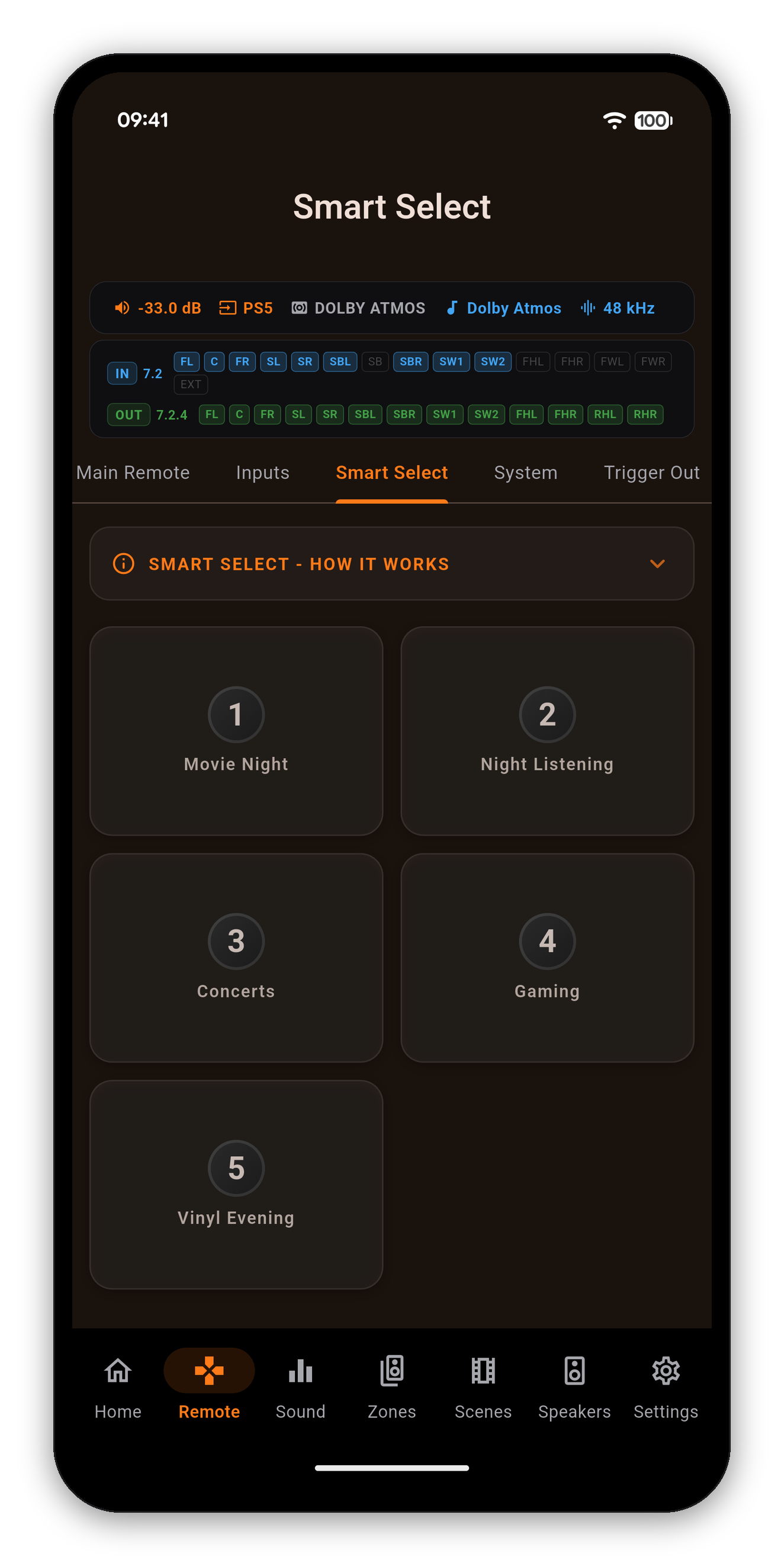 علامة تبويب Smart Select في جهاز التحكم على Marantz CINEMA 30 مع خمس خانات مسمّاة
