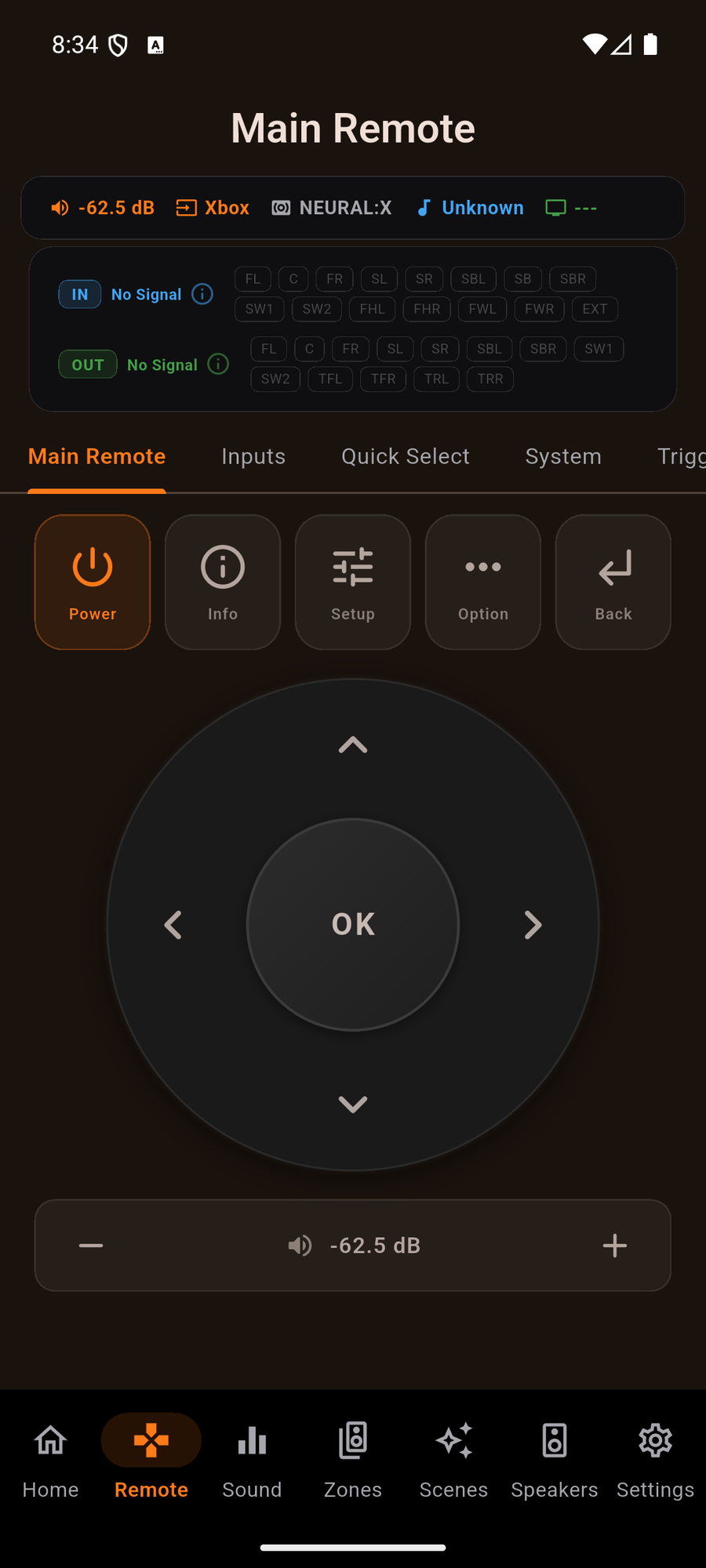 The Main Remote volume readout shown in dB