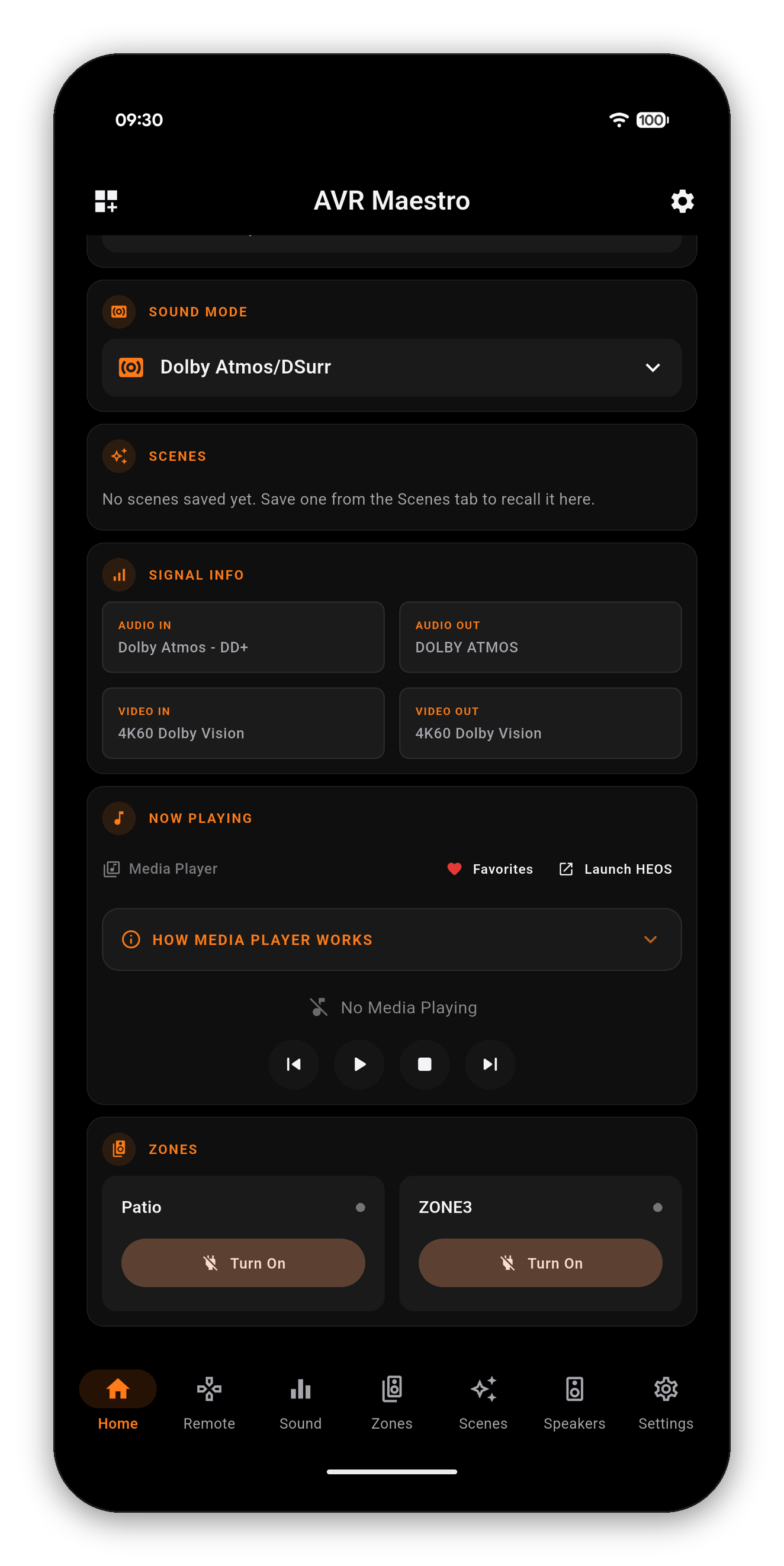 AVR Maestro signal info showing Dolby Atmos audio and 4K60 Dolby Vision video