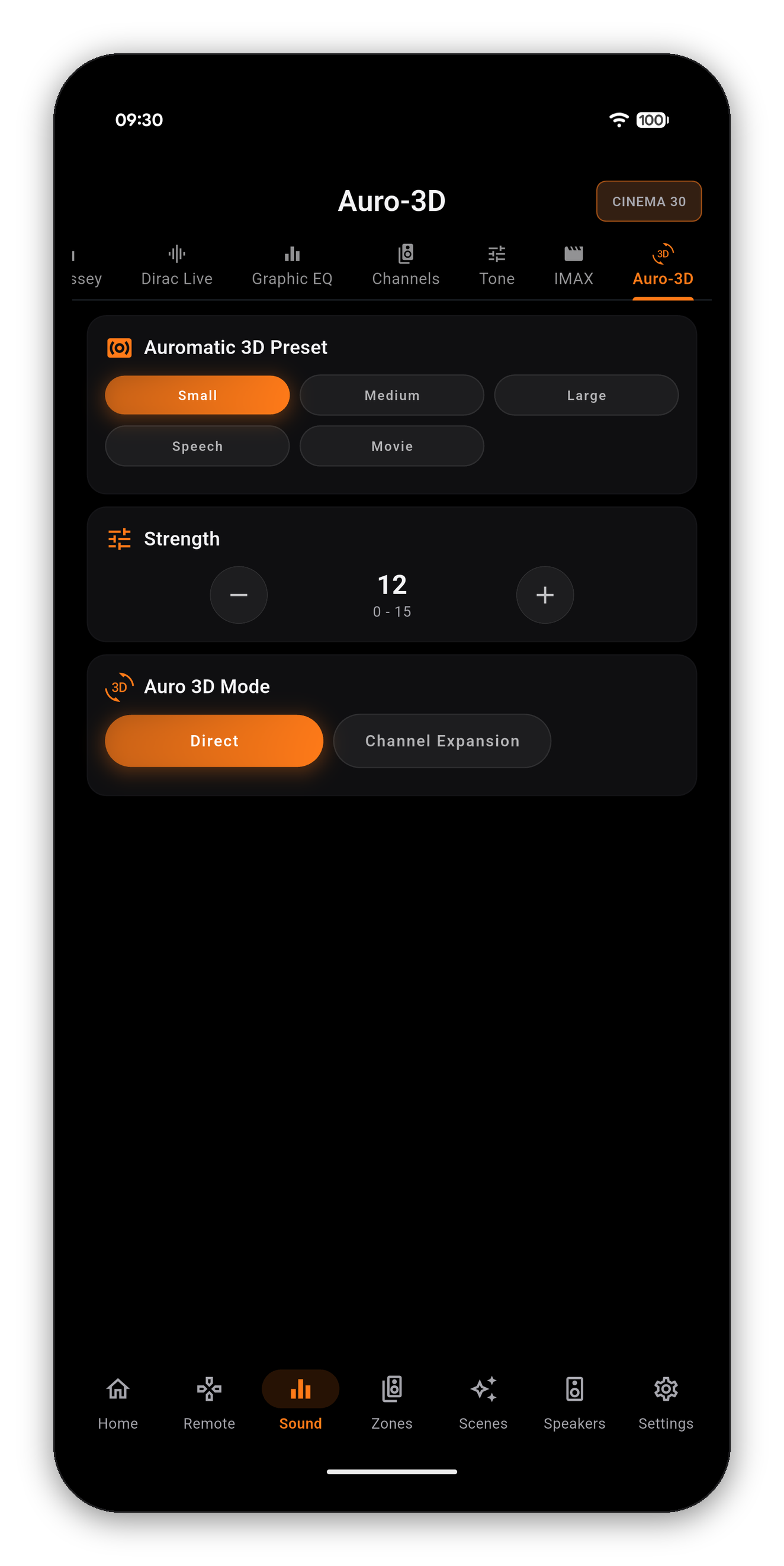 The Auro-3D page with preset, strength and mode