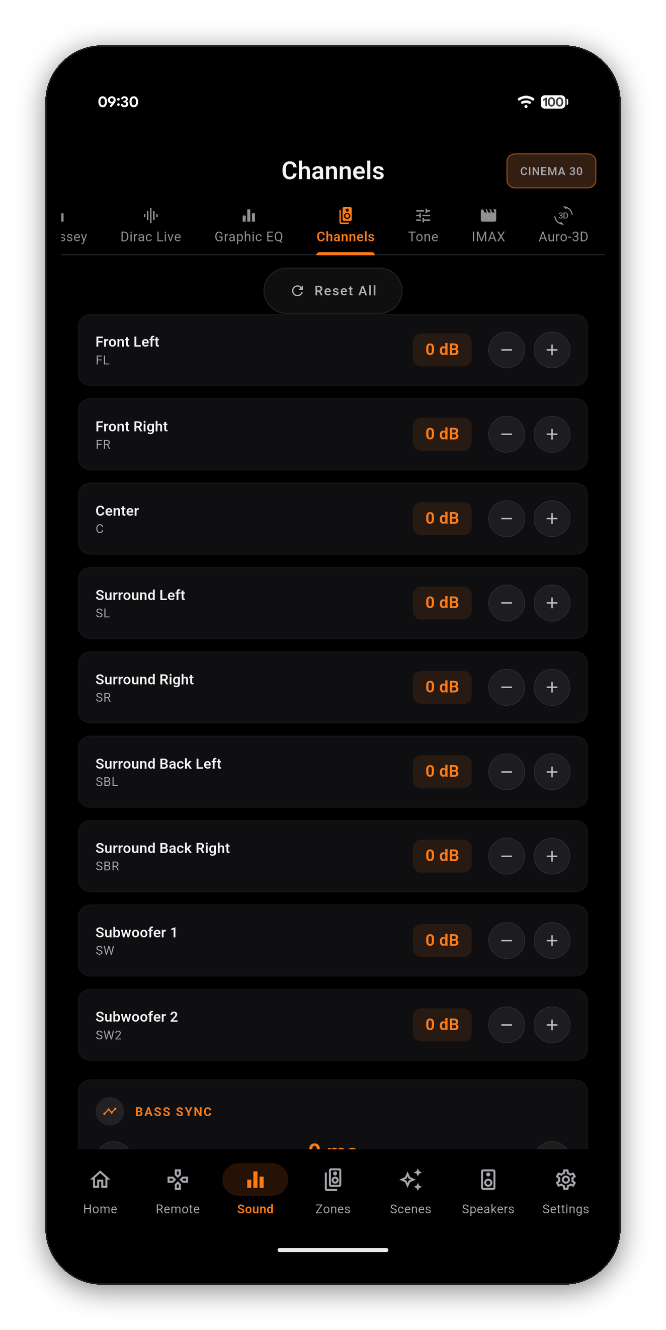 The Channels page with per-channel dB trim for every speaker