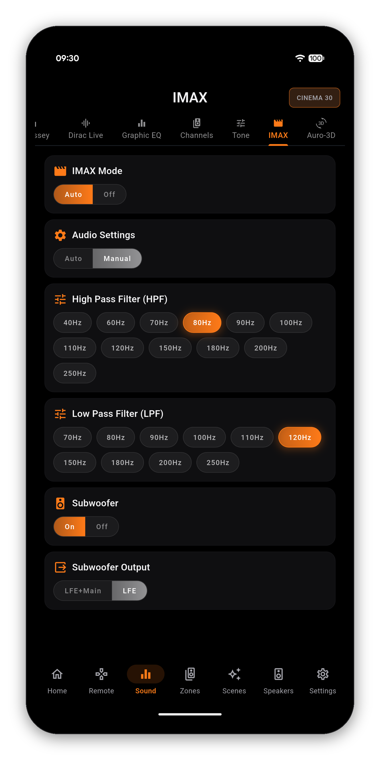 The IMAX page with mode, filters and subwoofer routing