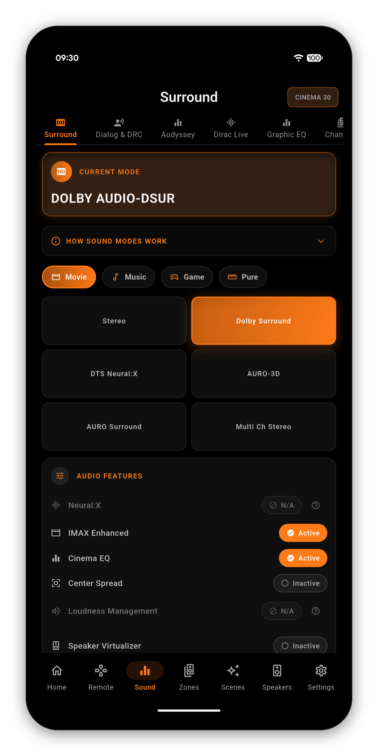 The Surround page showing the current mode and the audio features readout