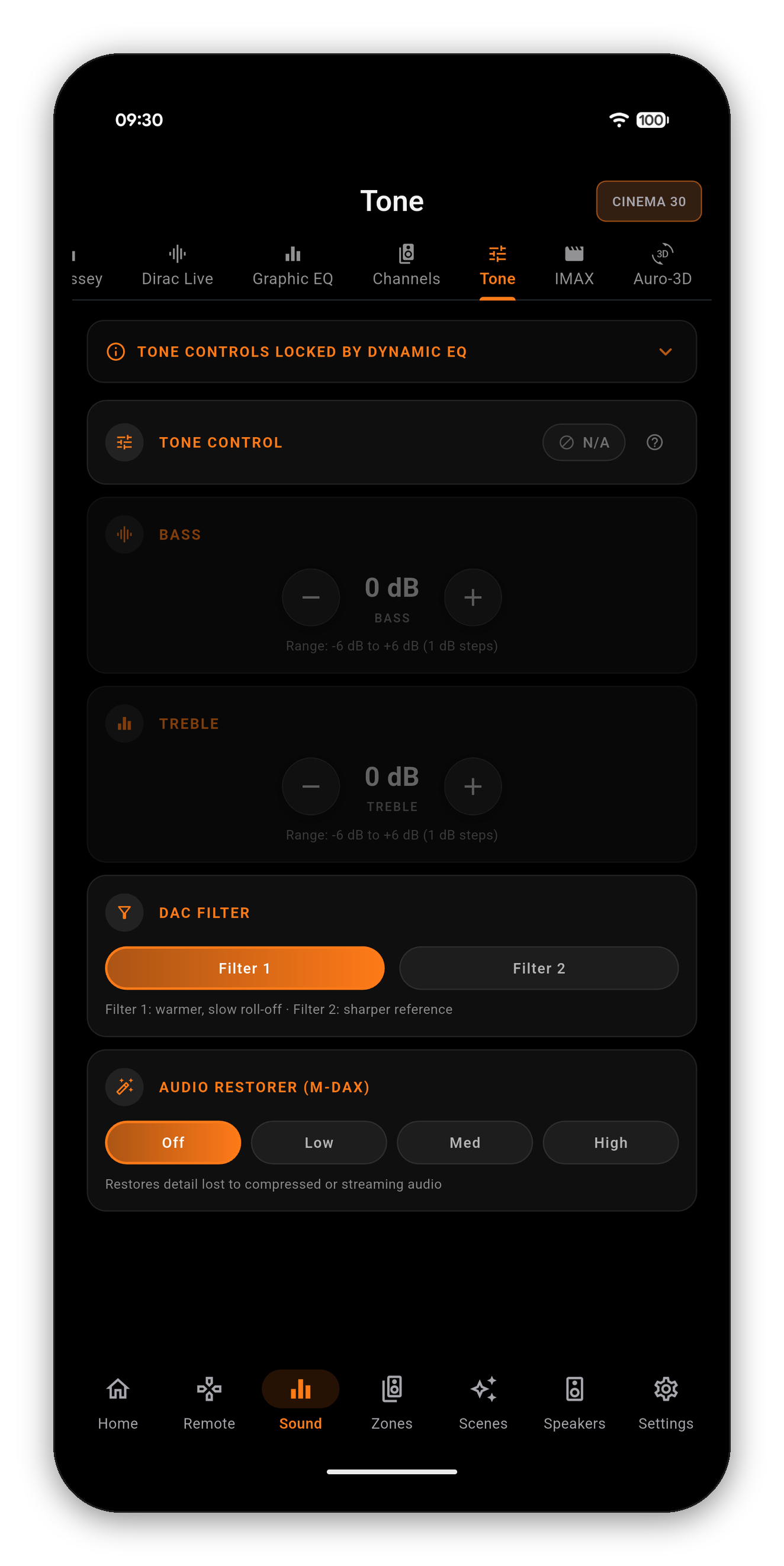 The Tone page with the controls locked by Dynamic EQ