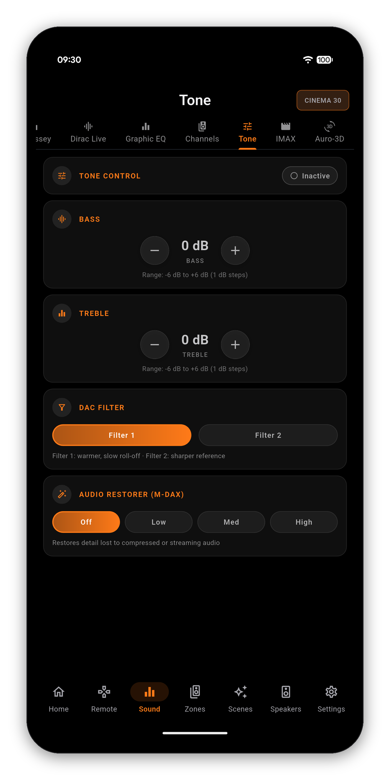 The Tone page with Bass, Treble, DAC Filter and Audio Restorer