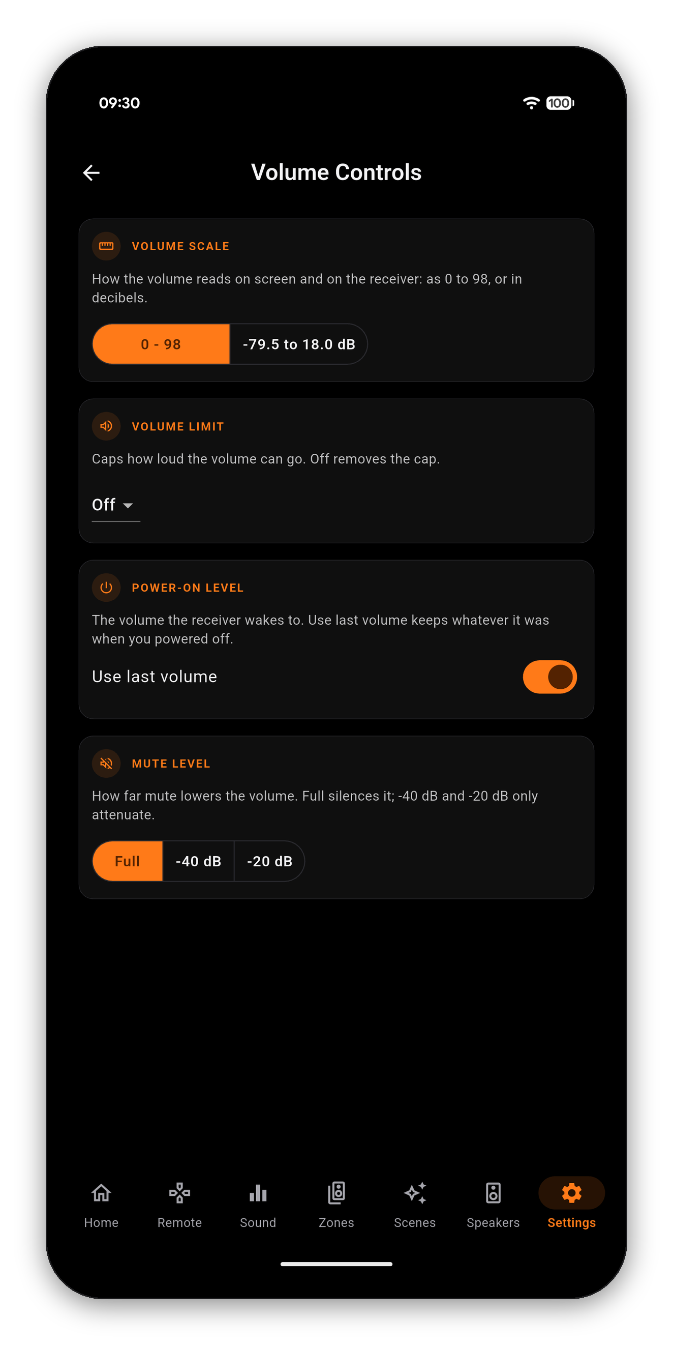 The Volume Controls page with volume scale, limit, power-on level and mute level