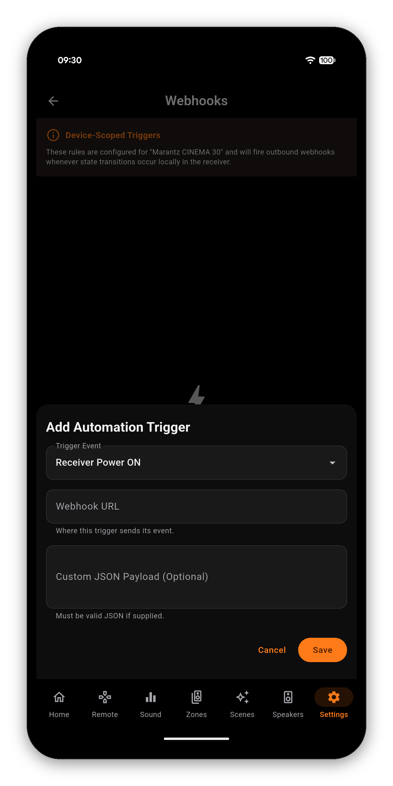 Choosing a webhook trigger: power on, power off, input change or scene recalled